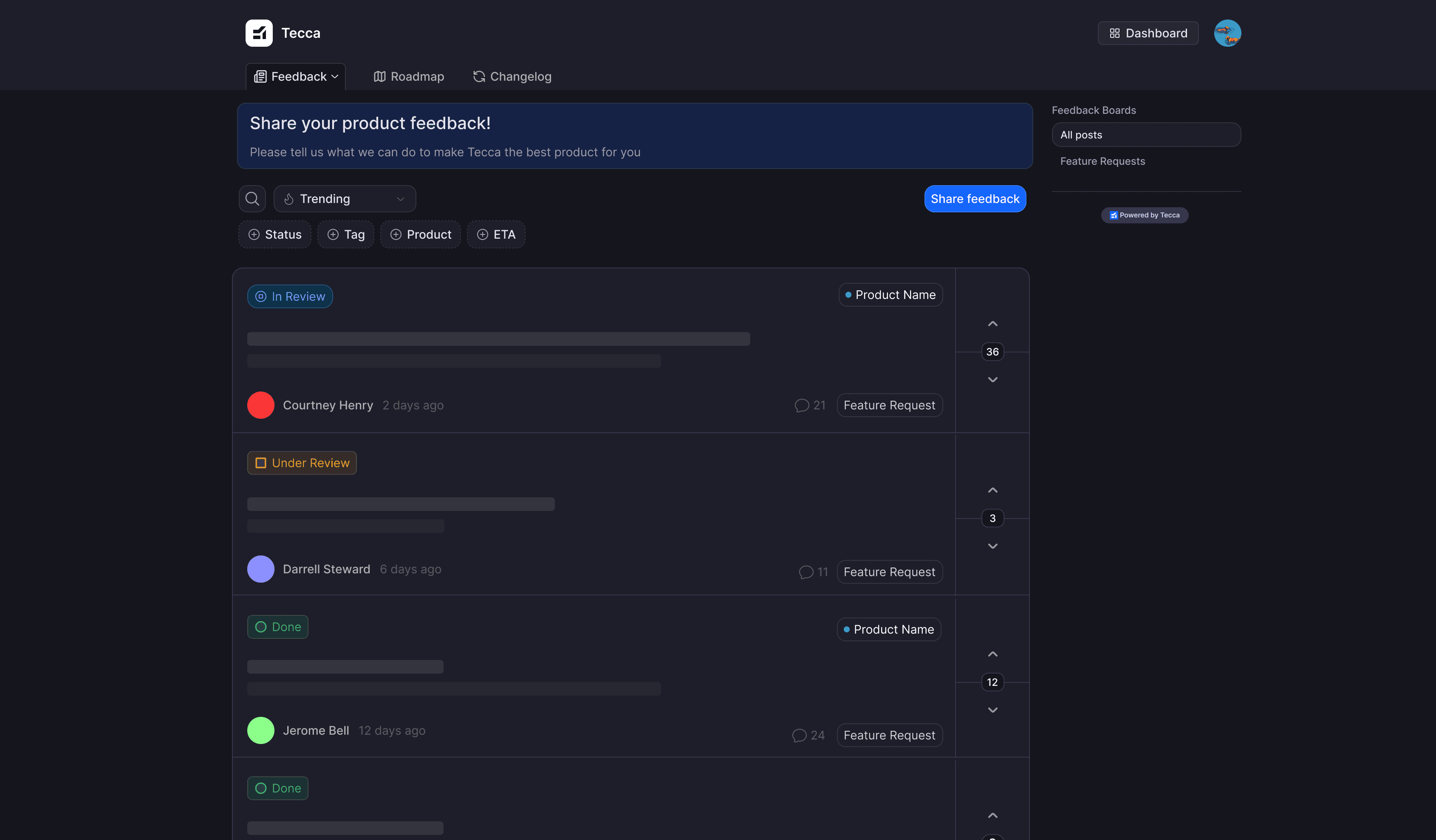 Tecca feedback board showing collected user feature requests and feedback