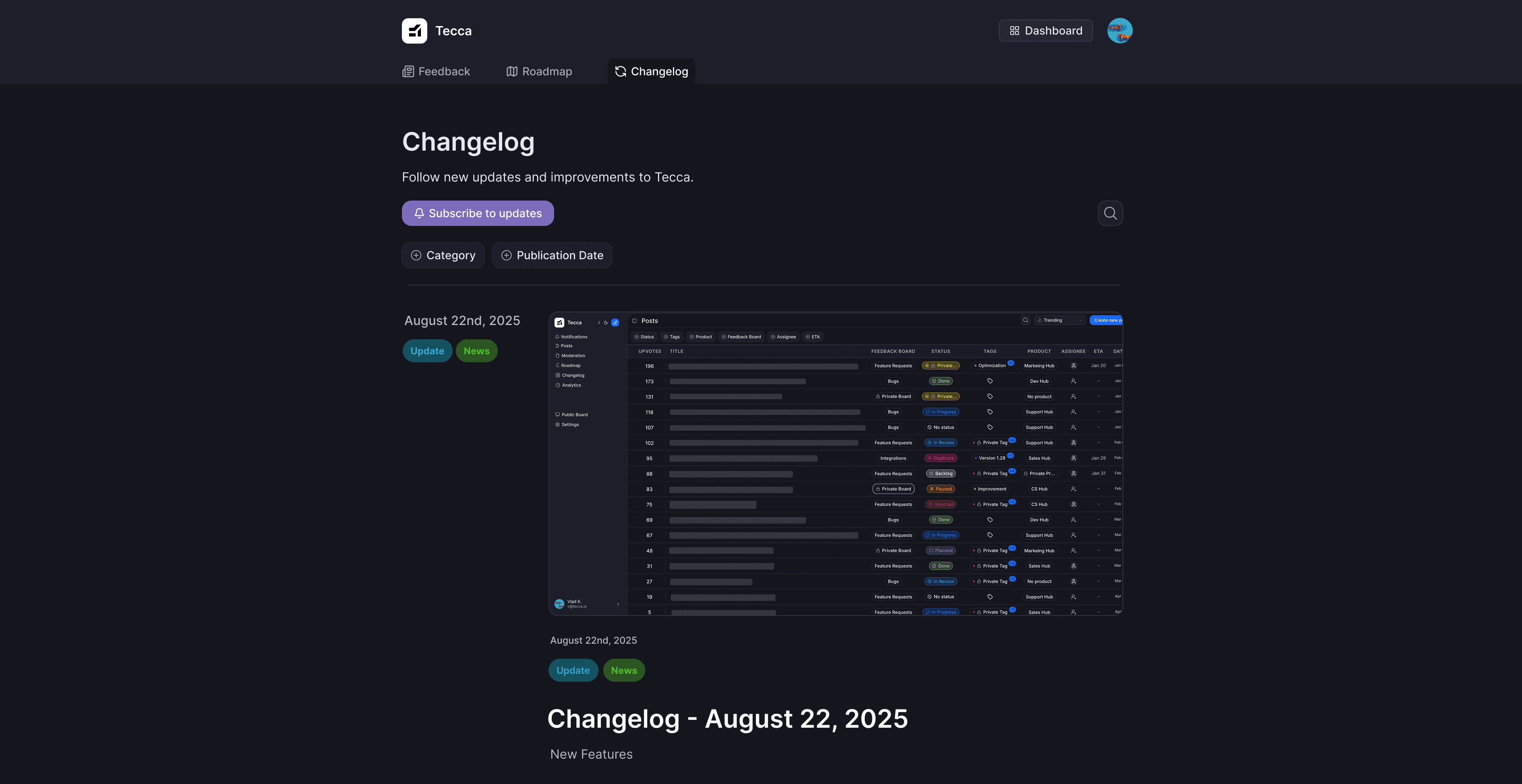 Tecca changelog page showing product updates and release notes